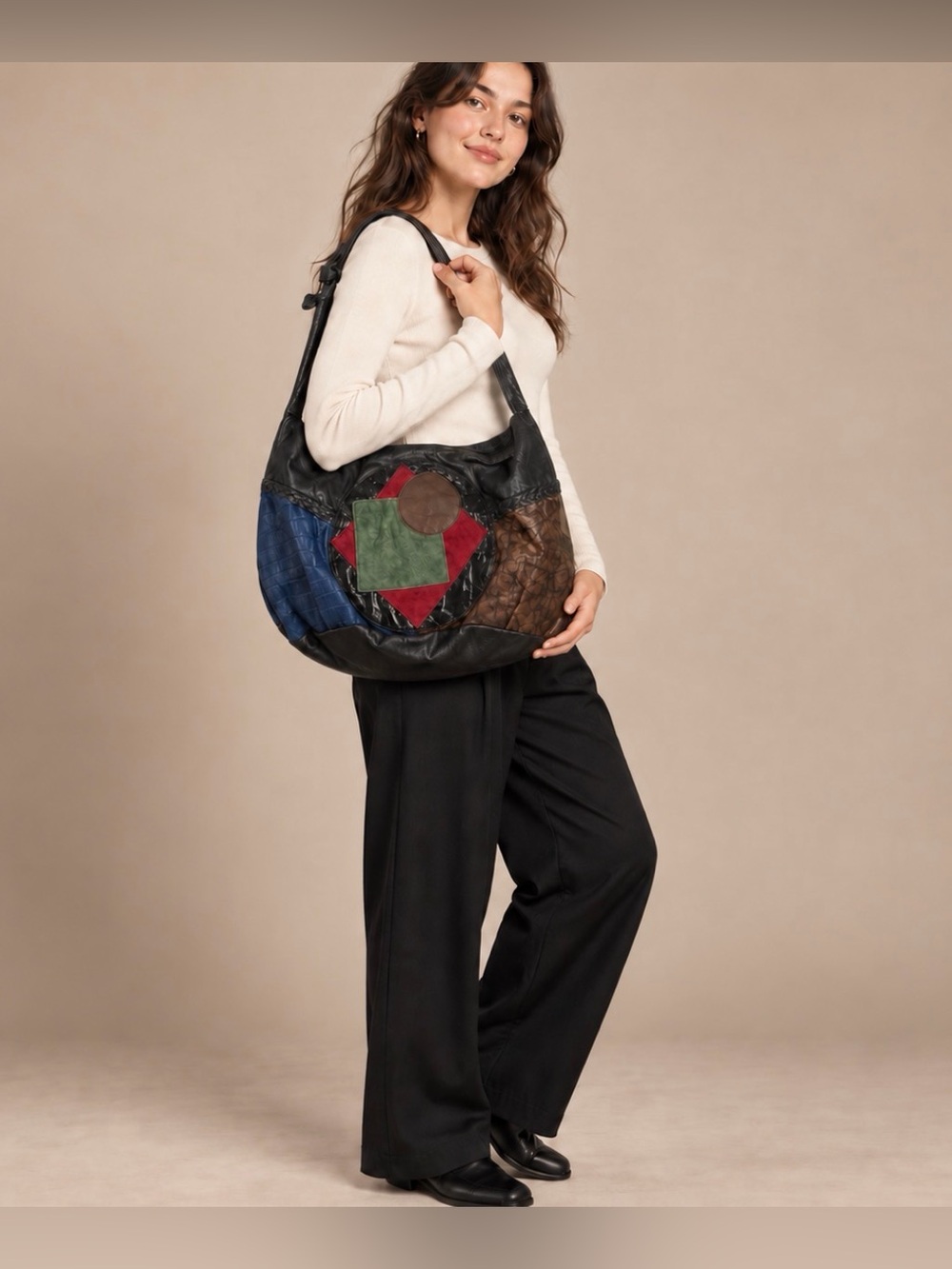 Vintage 80s Pieced Leather Shoulder Bag Geometric Art to Wear Hobo 16”x11”x3”